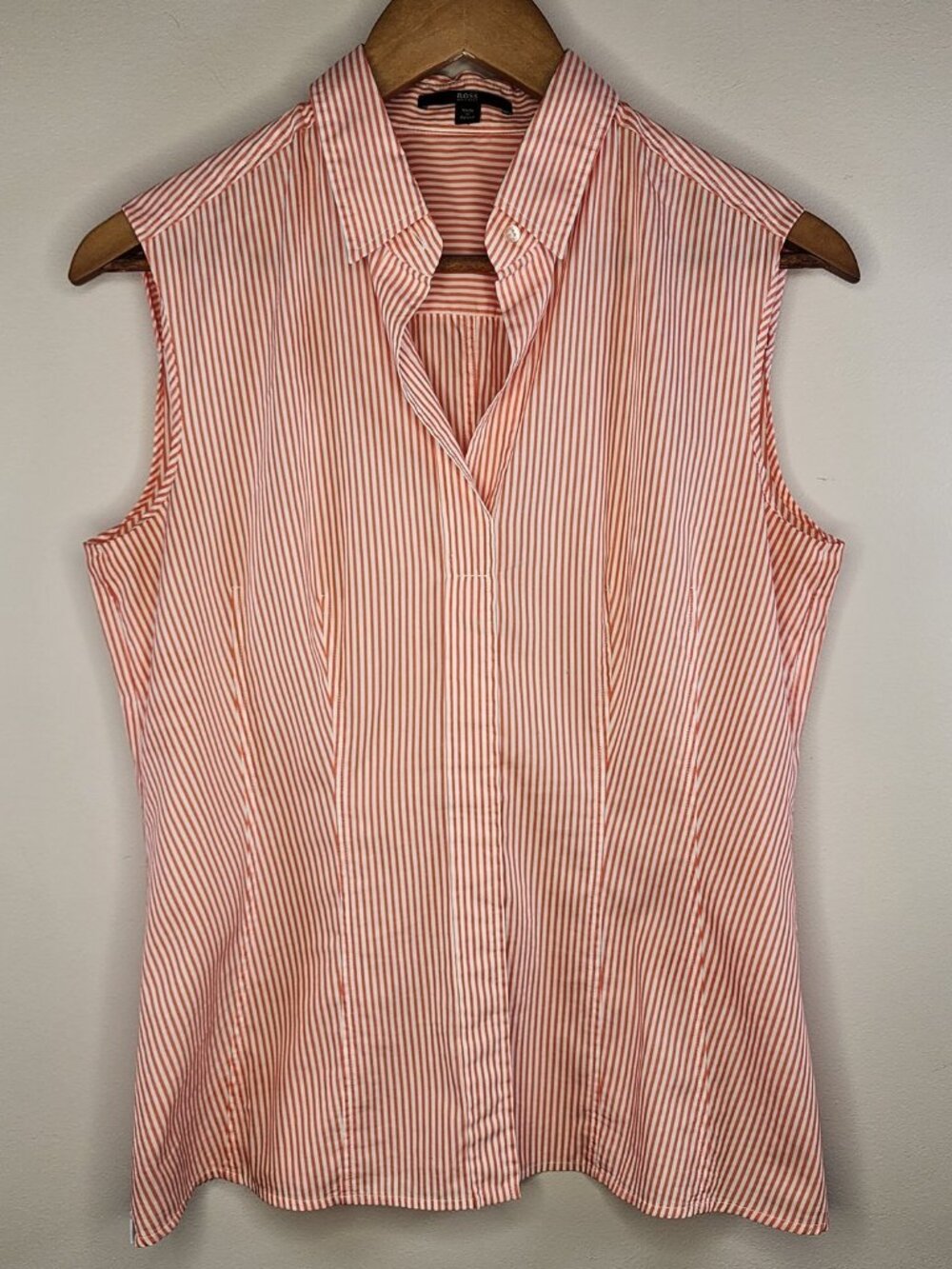 BOSS Hugo Boss Stripe Blouse — Orange/White, US 6 | V-Neck Workwear